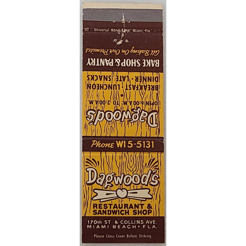 Front Strike Matchbook Cover Dagwood's Restaurant Miami Beach FL Florida